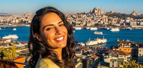 Smiling woman enjoying cityscape view in Istanbul, representing affordable dental tourism in Turkey.