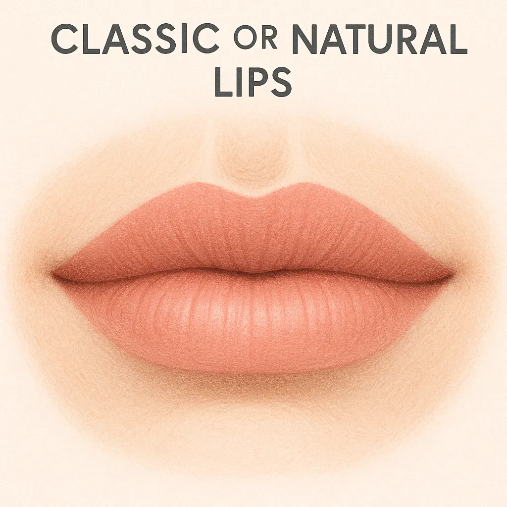 Illustration of the classic natural lip shape with balanced cupid’s bow and subtle, even volume after lip augmentation.