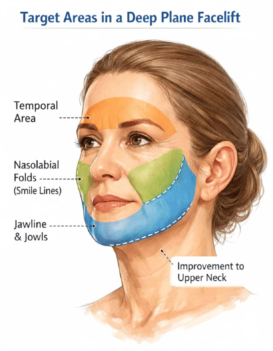 Medical illustration showing temporal area, nasolabial folds, jawline, jowls, and neck targeted in deep plane facelift surgery in Turkey