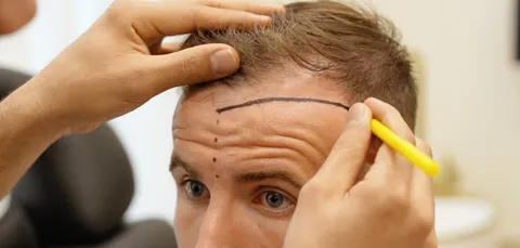Man preparing for hair transplant in Turkey with hairline marked, showing natural hair restoration planning