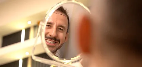Smiling man looking into mirror showing hairline after hair transplant procedure
