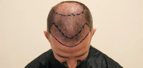 Man with pre-op surgical markings on scalp before hair transplant procedure
