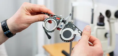 Doctors hands adjusting an optical device, representing an eye exam for YAG laser capsulotomy