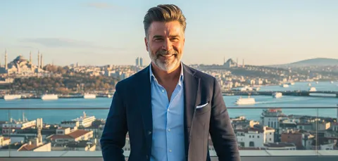 A confident man who has had a hair transplant, smiling on a rooftop in Istanbul, Turkey.