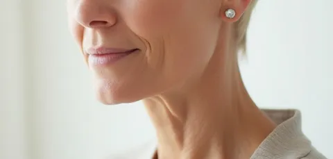 Close-up of mature woman’s neck and jawline showing sagging skin before neck lift surgery in Turkey