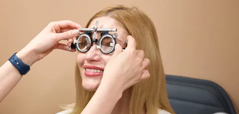 An ophthalmologist adjusts a phoropter on a patients face to check their vision before laser eye surgery
