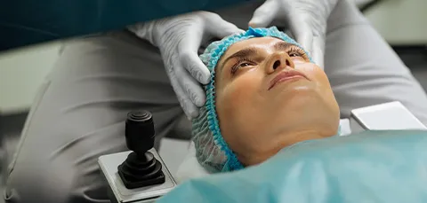 Patient lying down and prepped for cataract surgery to restore clear vision.