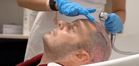 Male patient receiving first wash after hair transplant procedure at clinic