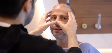 Surgeon examining male patient’s nose during pre-op rhinoplasty consultation