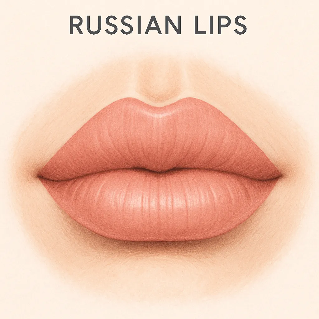 Illustration of the Russian lip filler shape, showing a flat cupid’s bow and lifted vertical height after augmentation.