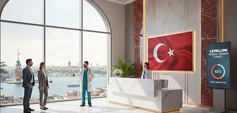 Modern clinic in Istanbul with Bosphorus view, staff, and patients, showcasing Turkeys 2023 medical tourism stats