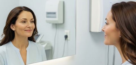 Middle-aged woman smiling at herself in the mirror after facelift surgery, showing early recovery confidence.